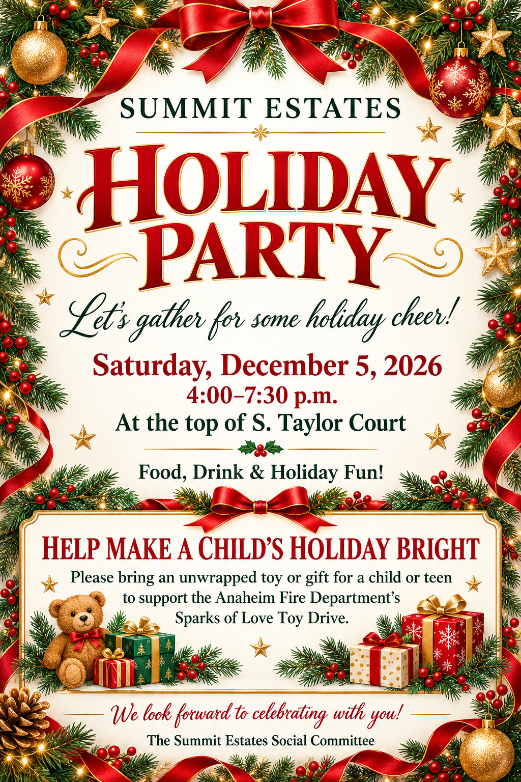 Summit Estates Holiday Party flyer – Saturday, December 5, 2026, 4:00–7:30 p.m. at the top of S. Taylor Court